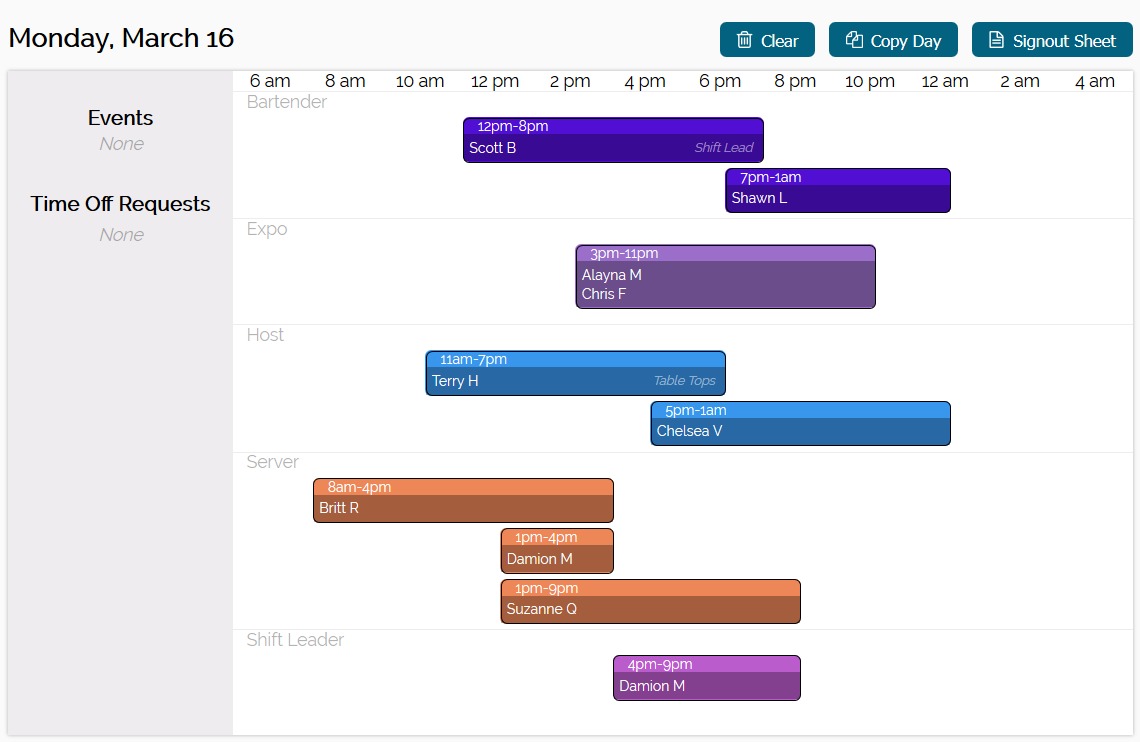 BarSight Restaurant Employee Scheduling - Day Schedule BarSight Restaurant Employee Scheduling - Day Schedule